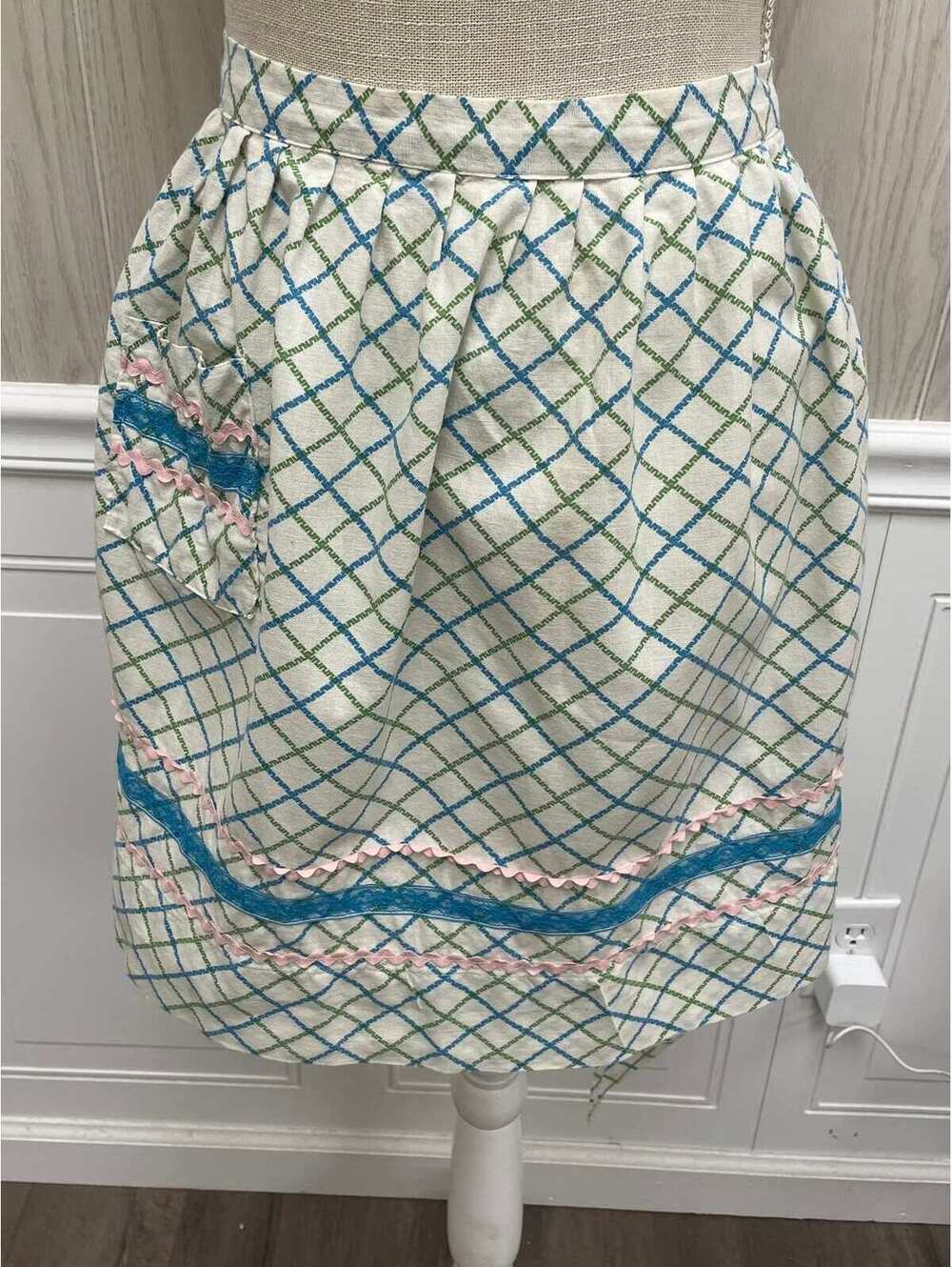 Vintage blue and pink plaid handmade apron
